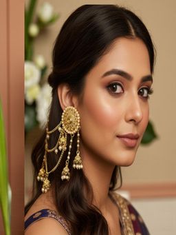 Accessher - Gold Pearl Floral Jhumka with Ear Chain Support