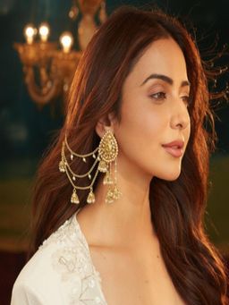 Accessher - Gold Kundan Teardrop Jhumka with Pearl Chain