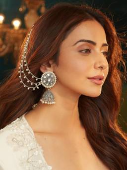 Accessher - Oxidised Silver Kundan Jhumka with Chain
