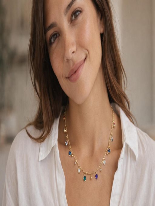 JEWELZ Gold Plated Multicolor Heart Charm Necklace For Women