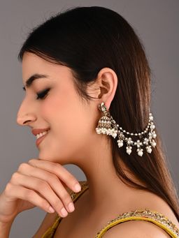 Anvik - Kundan And Beads Double Layered Ear Chains With Pearl Cluster