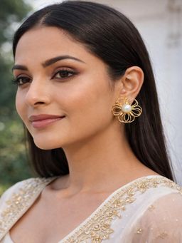 JEWELZ - Gold-Toned Floral Pearl Stud Earrings For Women And Girls