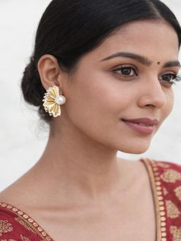 JEWELZ - Pearl Center Gold And White Enamel Statement Studs