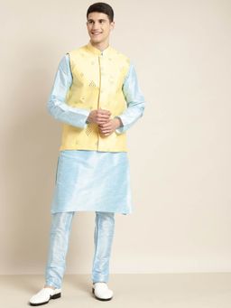 SOJANYA - Men Silk Blend Blue Kurta & Churidar Pyjama with Mirror Work Nehru Jacket (Set of 3)