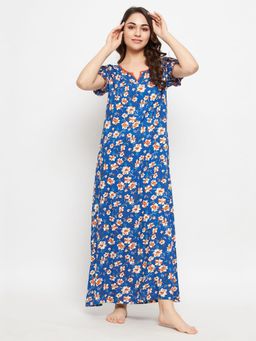 Clovia - Pretty Florals Long Night Dress In Blue - Cotton
