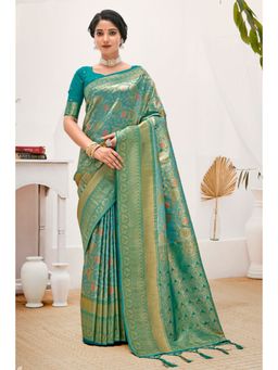EXCLUSIVA - Sea Green Kanjivaram Silk Saree with Unstitched