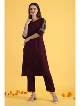W - Purple Embroidered Straight Kurta And Straight Pants Set