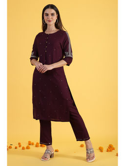 W - Purple Embroidered Straight Kurta In Round Neck
