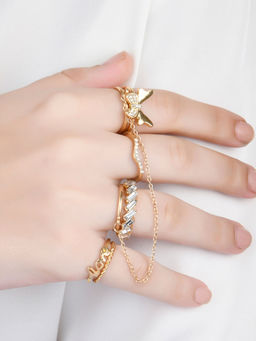 Lilly & Sparkle - Gold Toned Crystal Studded and Chain Ring (Pack of 11)