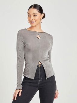 Styli - Grey Long Sleeves Keyhole Cut-out Knit Top
