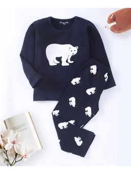 FUNKRAFTS - Kids Cotton Full Sleeves Bear Printed T-Shirt & Pyjama - Navy Blue (Set of 2)
