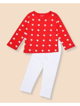 FUNKRAFTS - Kids Cotton Star Printed T-Shirt & Pyjama - Red & White (Set of 2)
