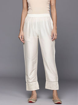 Varanga - Off White Lace And Thread Embroidered Sequins Embellished Pant