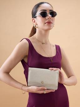 Caprese - Women Gold Solid/Plain Synthetic Leather Wallet with Detachable