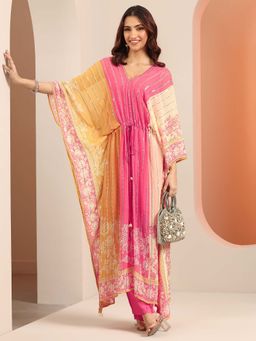 Libas Art - Floral Kaftan with Inner Pant - Pink (Set of 3)