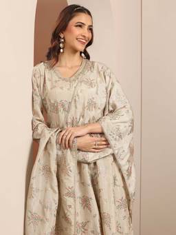Libas - Grey Woven Design Floral Straight Anarkali Kurta with Pant & Dupatta (Set of 3)