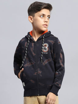 Monte Carlo - Boy's Printed Navy Blue Hooded Neck Full Sleeve Sweatshirt