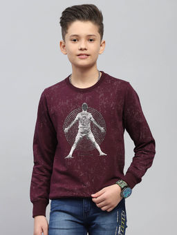 Monte Carlo - Boy's Printed Burgundy Round Neck Full Sleeve Sweatshirt