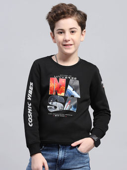 Monte Carlo - Boy's Printed Black Round Neck Full Sleeve Sweatshirt