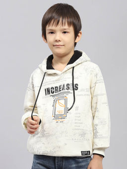 Monte Carlo - Boy's Printed Cream Hooded Neck Full Sleeve Sweatshirt