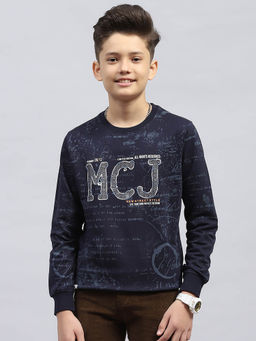Monte Carlo - Boy's Printed Navy Blue Round Neck Full Sleeve Sweatshirt
