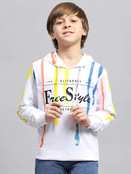 Monte Carlo - Boy's White Printed Hooded Neck Full Sleeve Sweatshirt