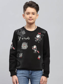 Monte Carlo - Boy's Printed Black Round Neck Full Sleeve Sweatshirt
