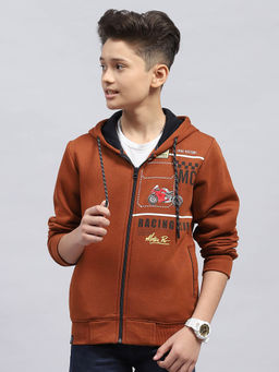 Monte Carlo - Boy's Printed Rust Hooded Neck Full Sleeve Sweatshirt