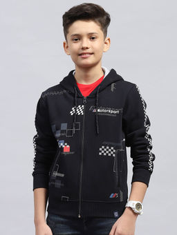 Monte Carlo - Boy's Printed Navy Blue Hooded Neck Full Sleeve Sweatshirt