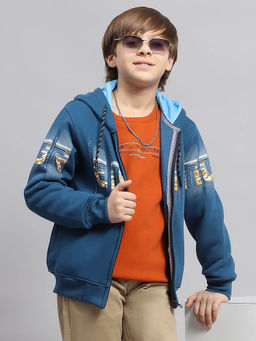 Monte Carlo - Boy's Printed Blue Hooded Neck Full Sleeve Sweatshirt