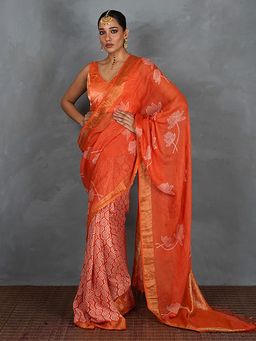 Chidiyaa - Meher Orange Hand Block Linen Saree with Unstitched Blouse