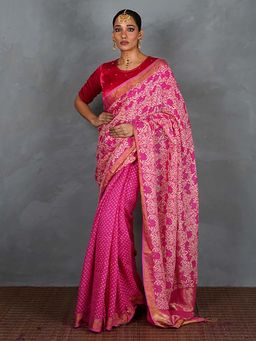 Chidiyaa - Fiza Pink Hand Block Linen Saree with Unstitched Blouse