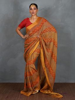 Chidiyaa - Deepika Mustard Hand Block Linen Saree with