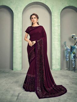 Odette - Wine Lycra Designer Saree with Unstitched Blouse