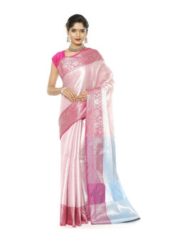 Banarasi Silk Works - Pink Silver Zari Kanchi Silk Tanchoi Meena Saree with Unstitched Blouse