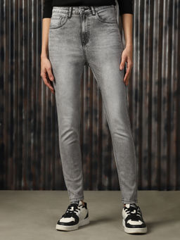 High Star - Women Grey Cotton Washed Skinny Fit High-Rise Jeans