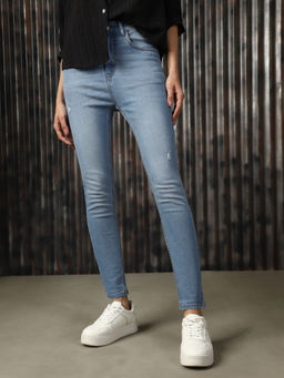 High Star - Women Blue Cotton Washed Skinny Fit High-Rise Jeans