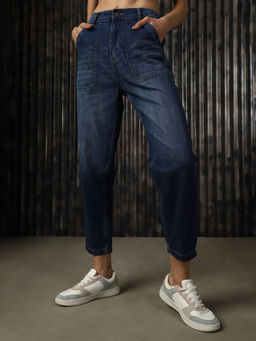 High Star - Women Navy Blue Cotton Washed Mom Fit High-Rise Jeans