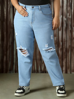 High Star - Women Light Blue Plus Size Cotton Washed Mom Fit High-Rise Jeans