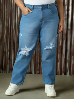 High Star - Women Blue Plus Size Cotton Washed Mom Fit High-Rise Jeans