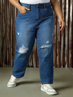 High Star - Women Blue Plus Size Cotton Washed Mom Fit High-Rise Jeans