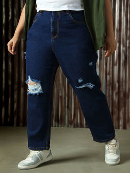 High Star - Women Navy Blue Plus Size Cotton Washed Mom Fit High-Rise Jeans