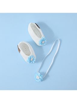 FUNKRAFTS - Handmade Crochet Infant Girl Booties With Headband - Blue (Set of 2) (0-6 Months)