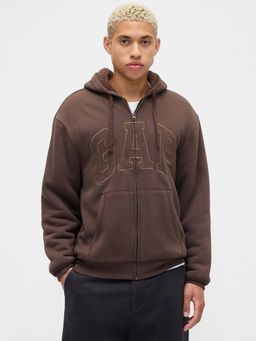 GAP - Men's Brown Embroidered Logo Drop-Shoulder Zip-Front Hoodie