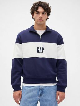 GAP - Men's Navy Blue Colorblock-Stripes Half-Zip Drop-Shoulder Oversized Sweatshirt