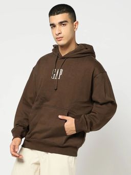 GAP - Men's Brown Logo Drop-Shoulder Hooded Neck Hoodie