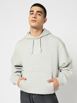 GAP - Men's Grey Logo Drop-Shoulder Hooded Relaxed Fit Hoodie
