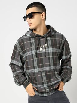 GAP - Men's Multi-Colour Plaid Drop-Shoulder Hoodie