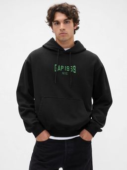 GAP - Men's Black Logo Relaxed Fit Drop-Shoulder Hoodie
