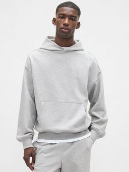 GAP - Men's Grey Relaxed Fit Drop-Shoulder Hooded Neck Hoodie